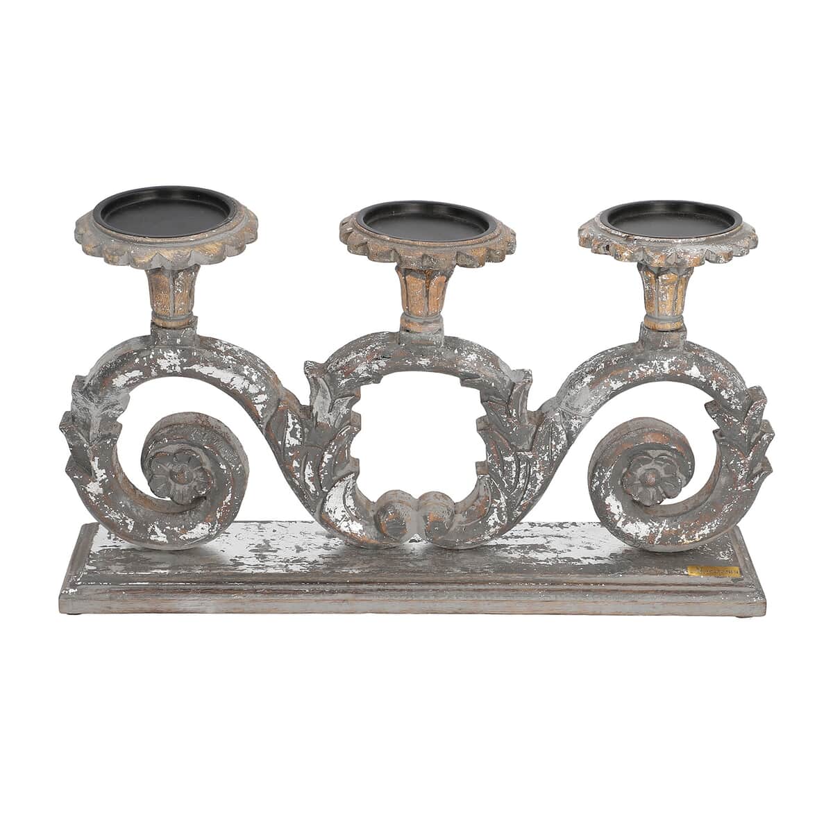 NAKKASHI Silver Gray Hand Carved Wooden Candle Stand image number 0