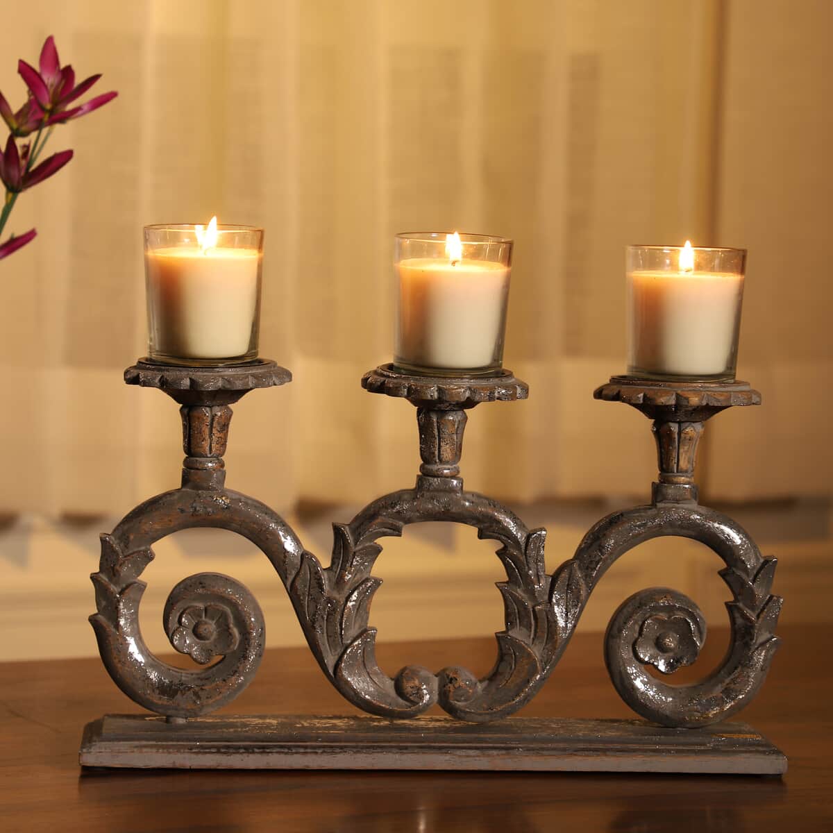 NAKKASHI Silver Gray Hand Carved Wooden Candle Stand image number 1