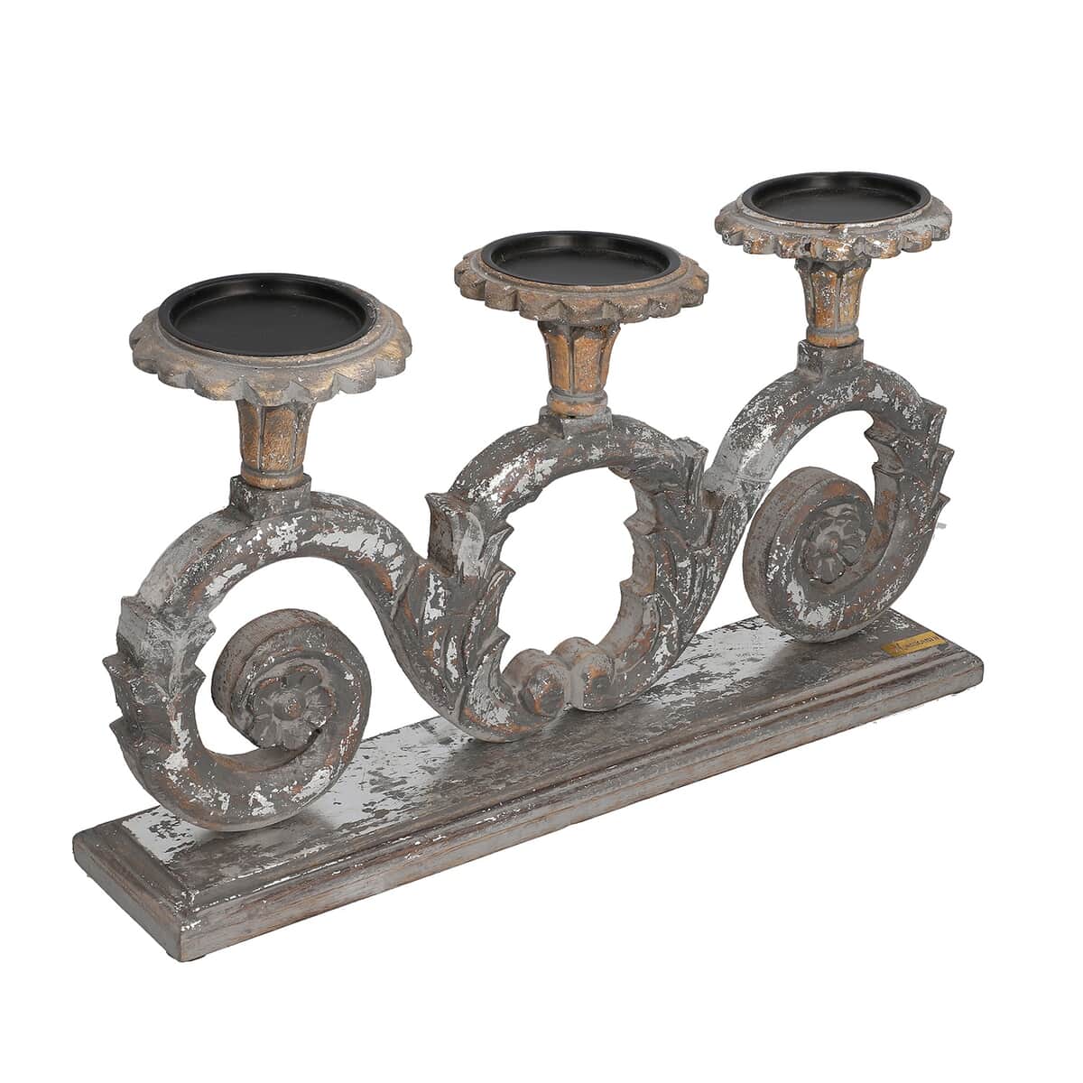 NAKKASHI Silver Gray Hand Carved Wooden Candle Stand image number 2