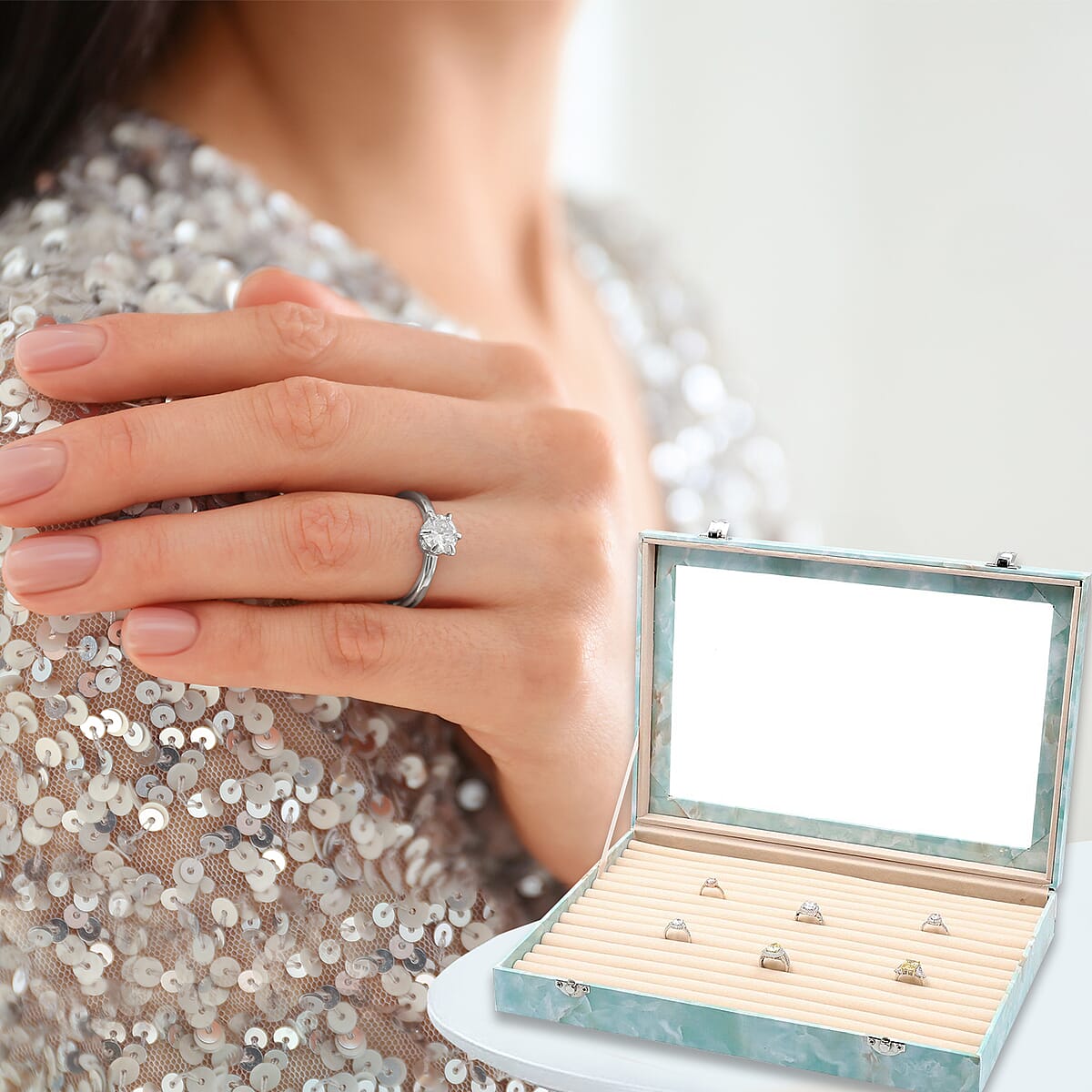 Blue Marble Leatherette Anti Tarnish Lining Ring and Earring Box | Portable Jewelry Box for Women | Briefcase Style Jewelry Box | Jewelry Holder | Jewelry Storage | Jewelry Organizer image number 1