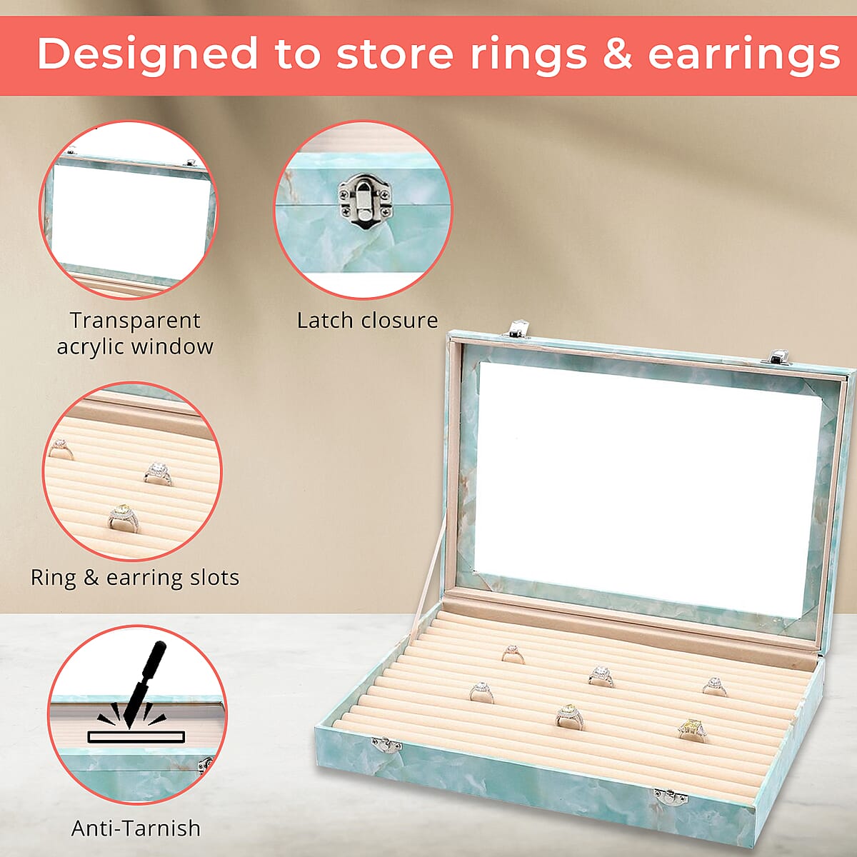 Blue Marble Leatherette Anti Tarnish Lining Ring and Earring Box | Portable Jewelry Box for Women | Briefcase Style Jewelry Box | Jewelry Holder | Jewelry Storage | Jewelry Organizer image number 2