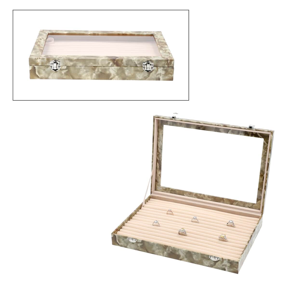 Green Marble Leatherette Anti Tarnish Lining Ring and Earring Box , Portable Jewelry Box for Women , Briefcase Style Jewelry Box , Jewelry Holder , Jewelry Storage , Jewelry Organizer image number 0