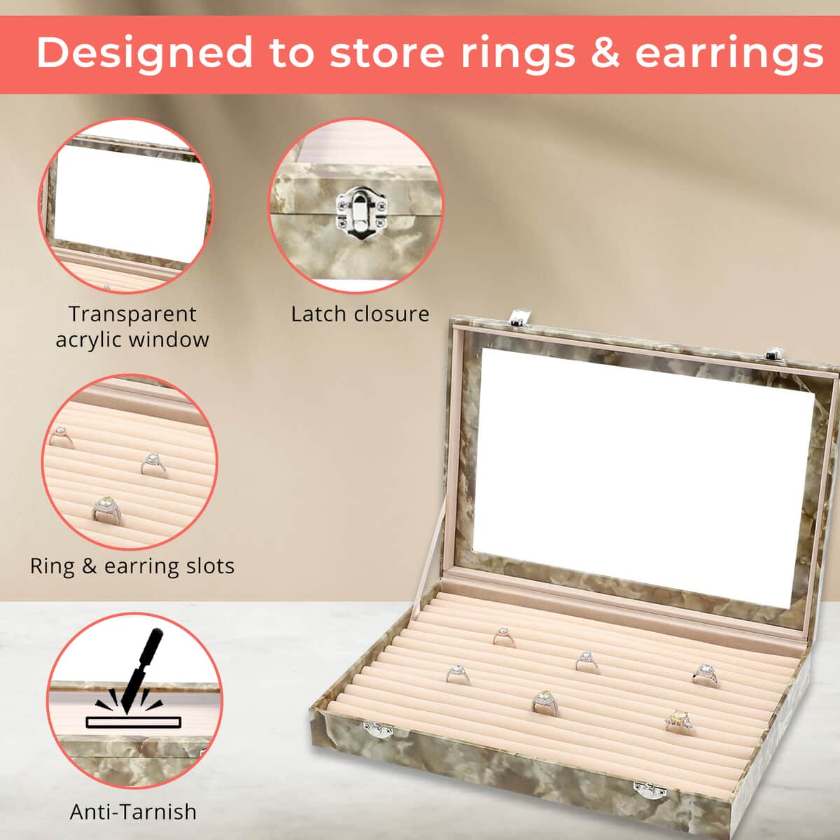 Green Marble Leatherette Anti Tarnish Lining Ring and Earring Box , Portable Jewelry Box for Women , Briefcase Style Jewelry Box , Jewelry Holder , Jewelry Storage , Jewelry Organizer image number 2