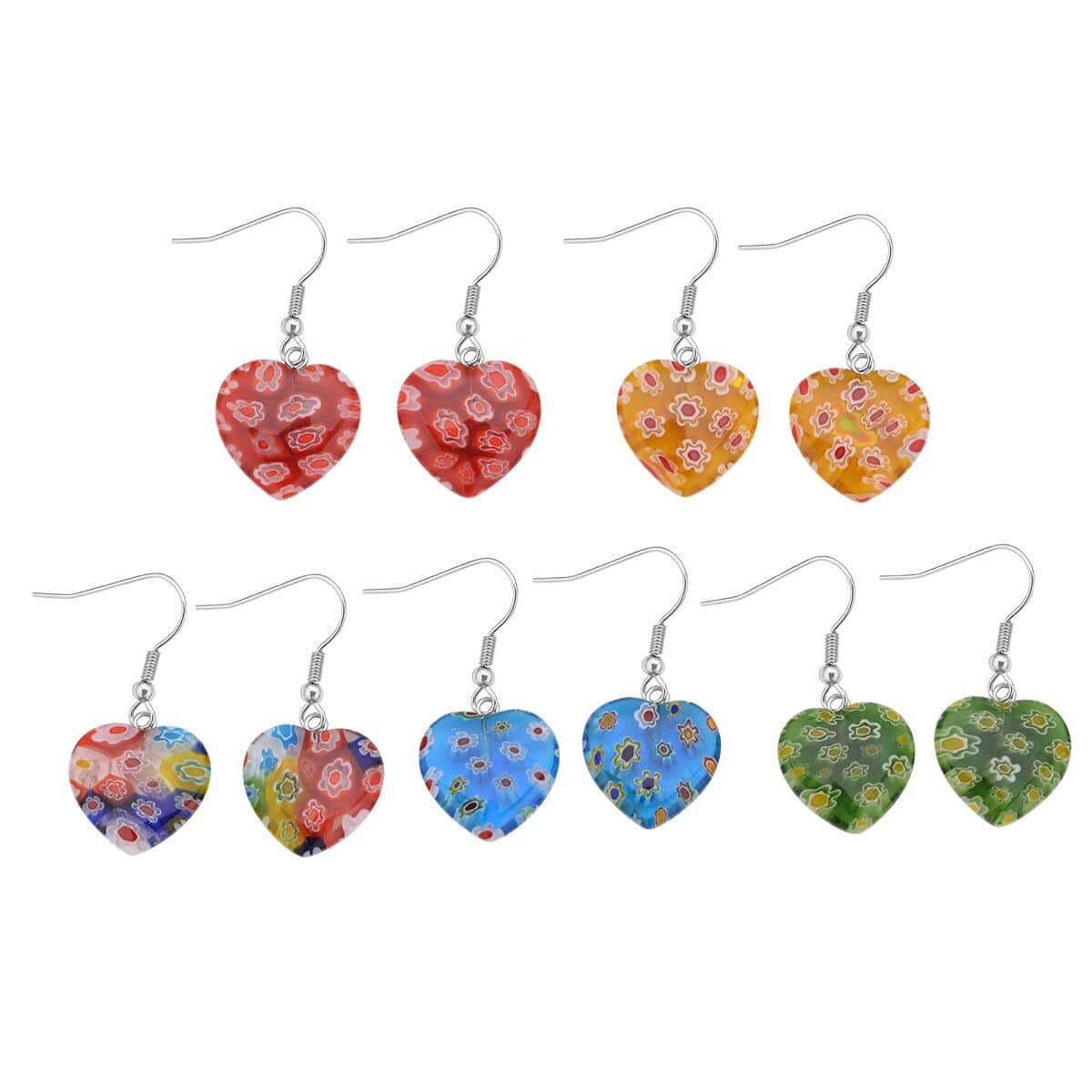 Set of 5 Multi Colored Murano Style Heart Earrings in Stainless Steel image number 0