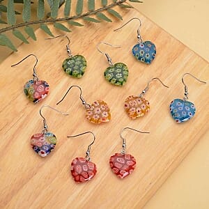 Set of 5 Multi Color Murano Style Heart Earrings in Stainless Steel