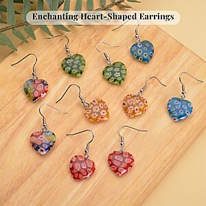 Set of 5 Multi Colored Murano Style Heart Earrings in Stainless Steel