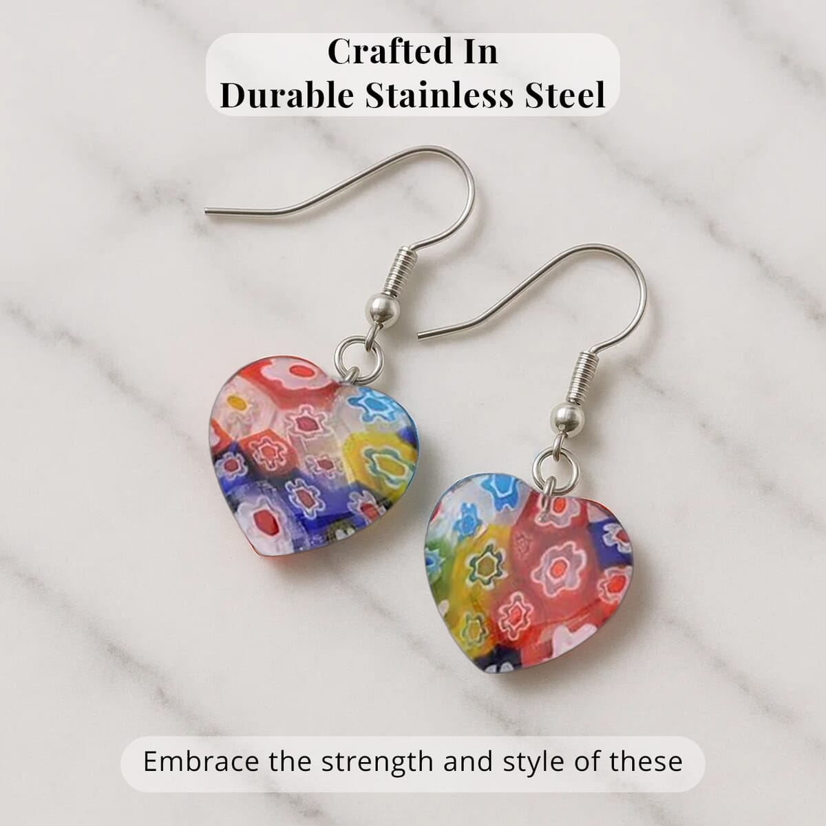 Set of 5 Multi Colored Murano Style Heart Earrings in Stainless Steel image number 3
