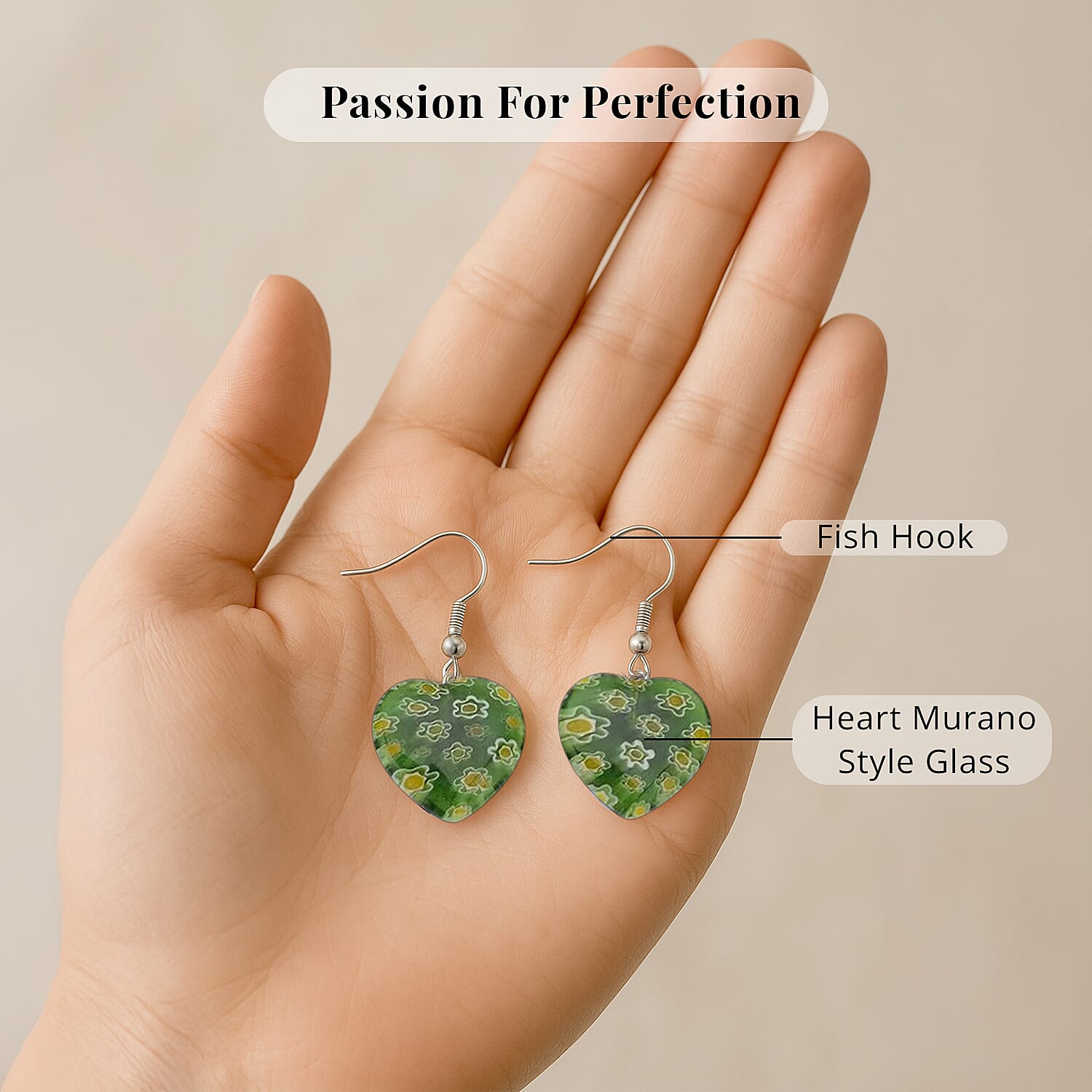 Set of 5 Multi Color Murano Style Heart Earrings in Stainless Steel