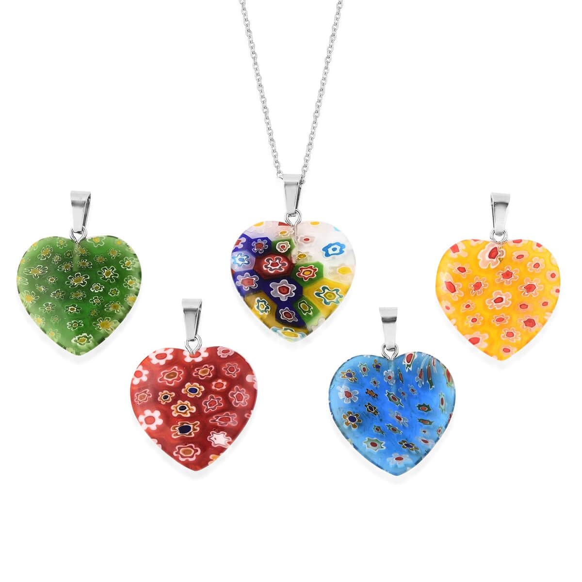 Set of 5 Blue Color Murano Style and Multi Gemstone Heart Pendants Necklace 20 Inches in Stainless Steel image number 0