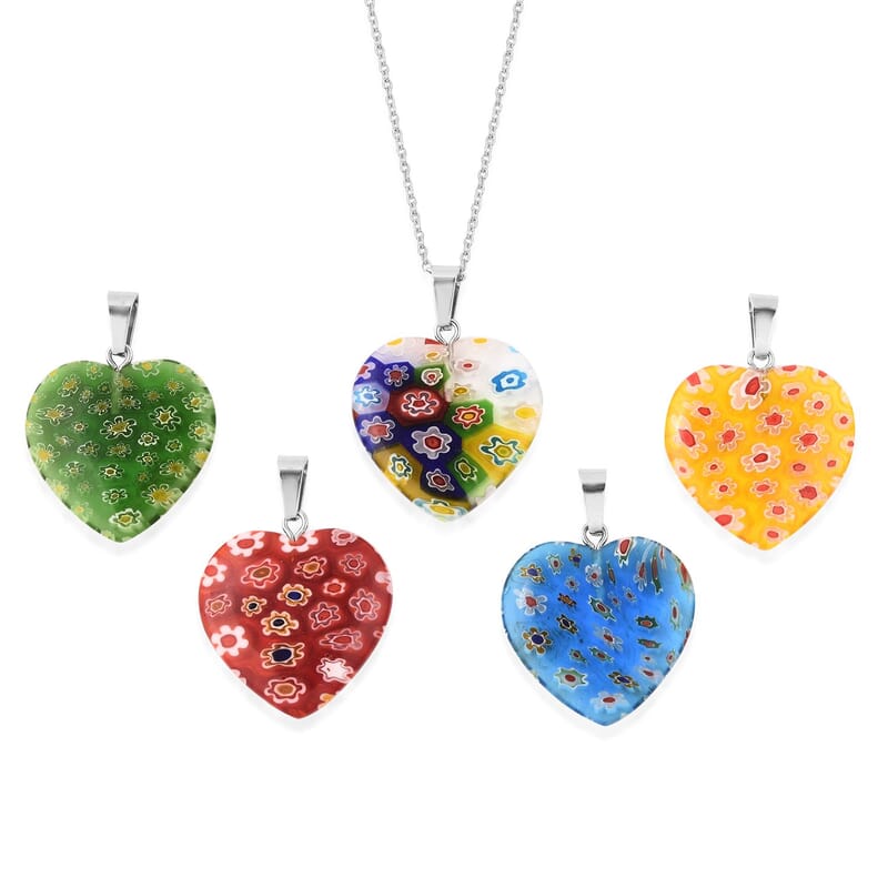 Blue Color Murano Style and Multi Gemstone Set of 5 Heart Pendants Necklace in Stainless Steel 20 Inches
