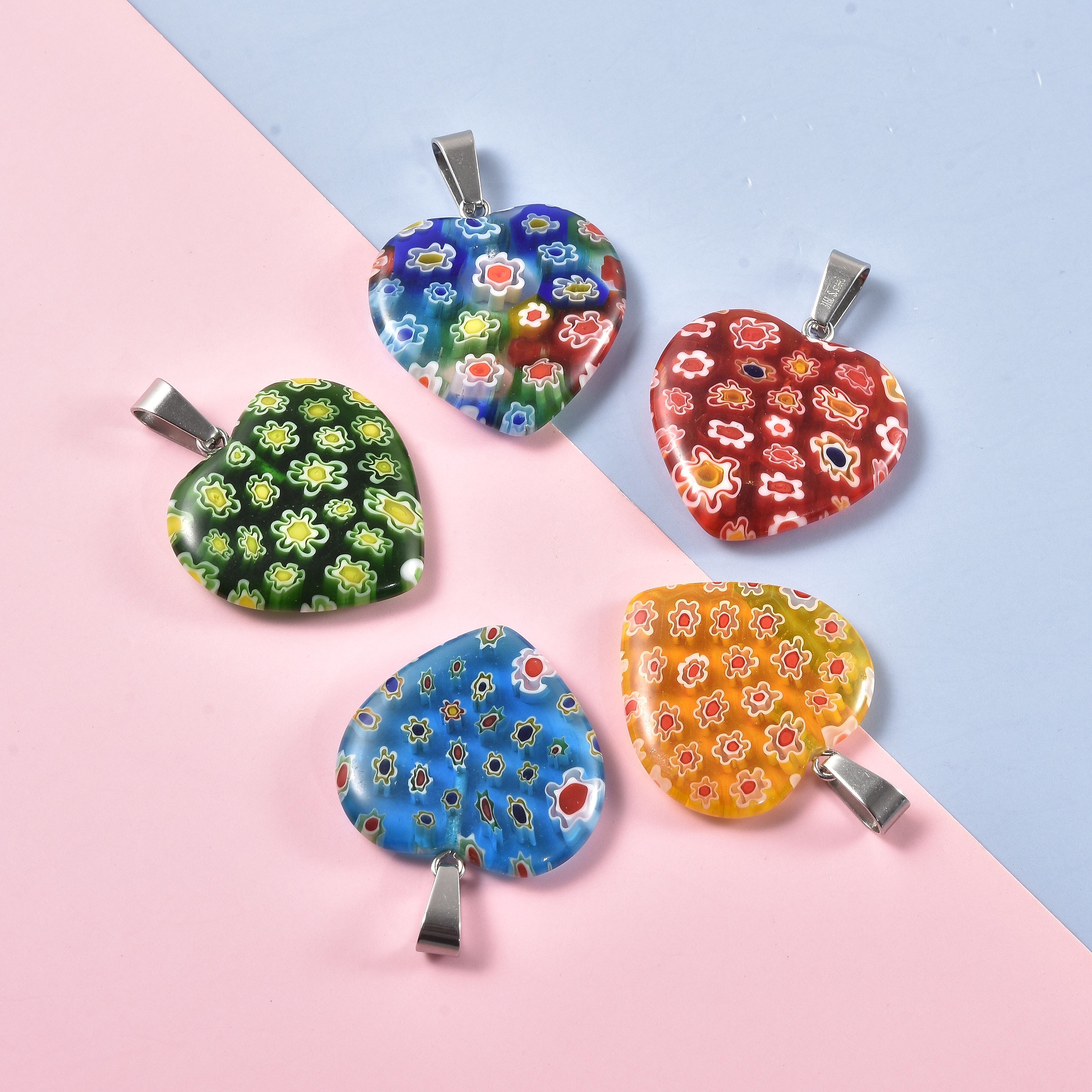 Blue Color Murano Style and Multi Gemstone Set of 5 Heart Pendants Necklace in Stainless Steel 20 Inches