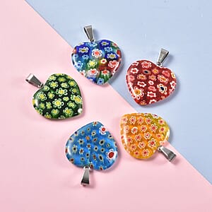 Blue Color Murano Style and Multi Gemstone Set of 5 Heart Pendants Necklace in Stainless Steel 20 Inches