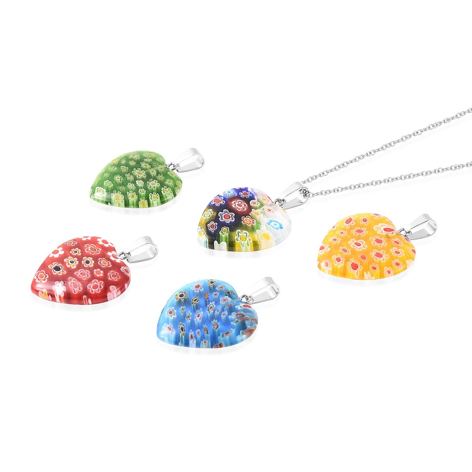 Blue Color Murano Style and Multi Gemstone Set of 5 Heart Pendants Necklace in Stainless Steel 20 Inches