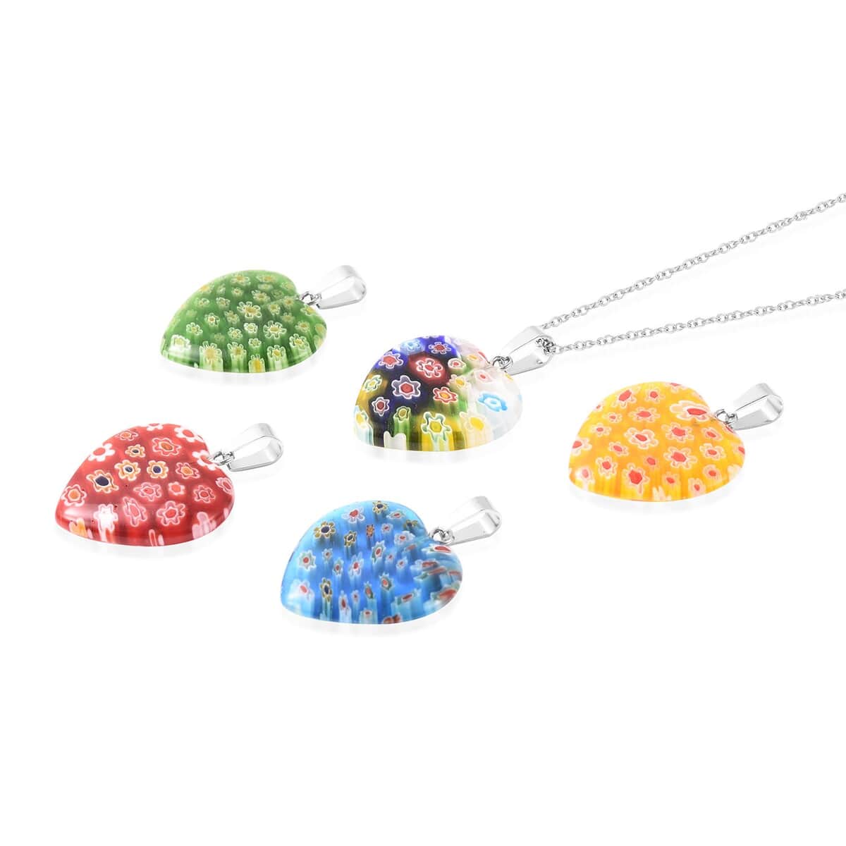Set of 5 Blue Color Murano Style and Multi Gemstone Heart Pendants Necklace 20 Inches in Stainless Steel image number 2