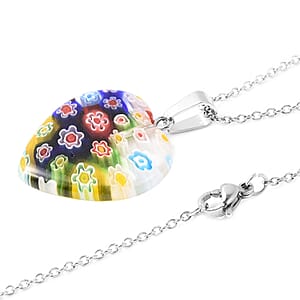 Blue Color Murano Style and Multi Gemstone Set of 5 Heart Pendants Necklace in Stainless Steel 20 Inches