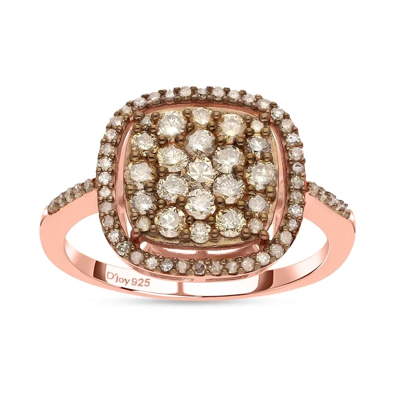 D'Joy Natural Champagne Diamond 1.00 ctw Ring in Rhodium and Vermeil RG Over Sterling Silver, Cocktail Cluster Rings For Women (Size 6.0)
