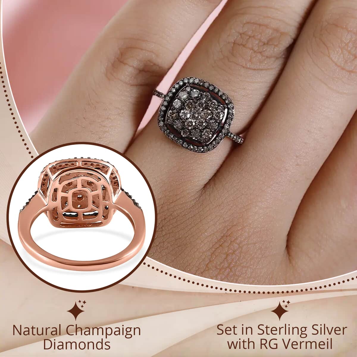 Natural Champagne Diamond Ring in Vermeil Rose Gold Over Sterling Silver,Cocktail Cluster Rings For Women 1.00 ctw (Size 7) image number 2