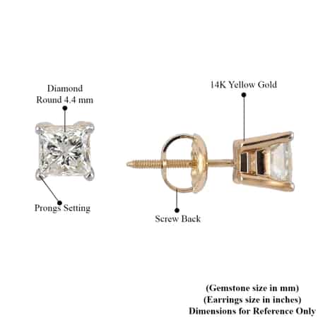 14K Yellow Gold Princess Cut Diamond G-H I1-I2 Stud Earrings 1.00 ctw  image number 2