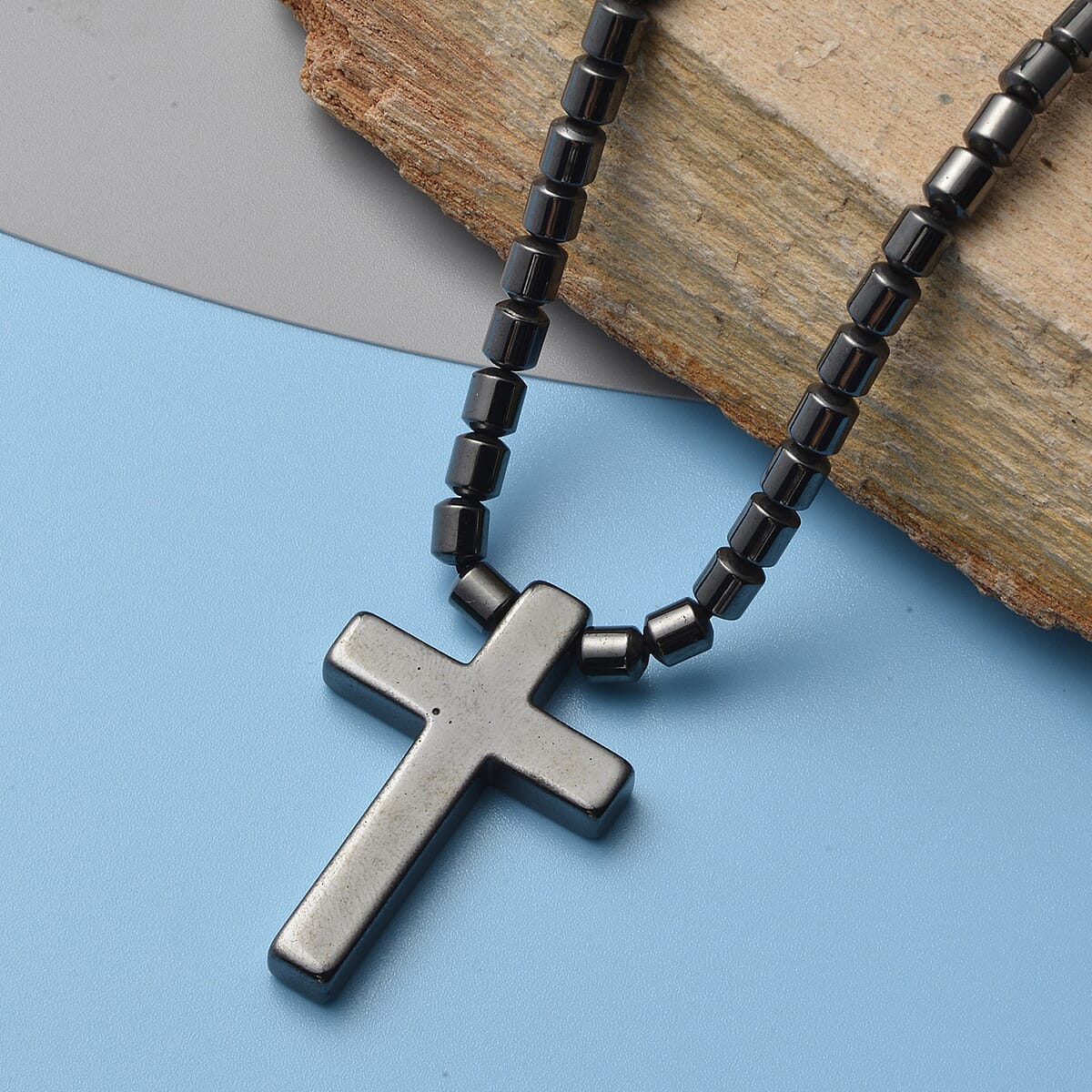Hematite Cross Pendant with Beads Necklace 20 Inches in Silvertone 155.00 ctw image number 1
