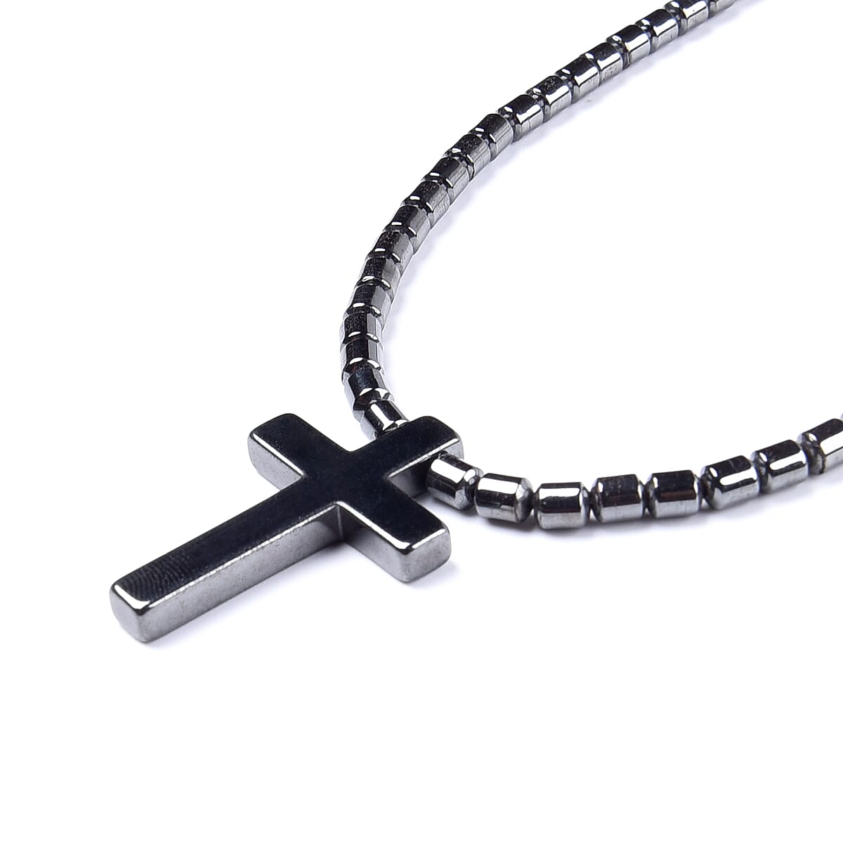 Hematite Cross Pendant with Beads Necklace 20 Inches in Silvertone 155.00 ctw image number 2