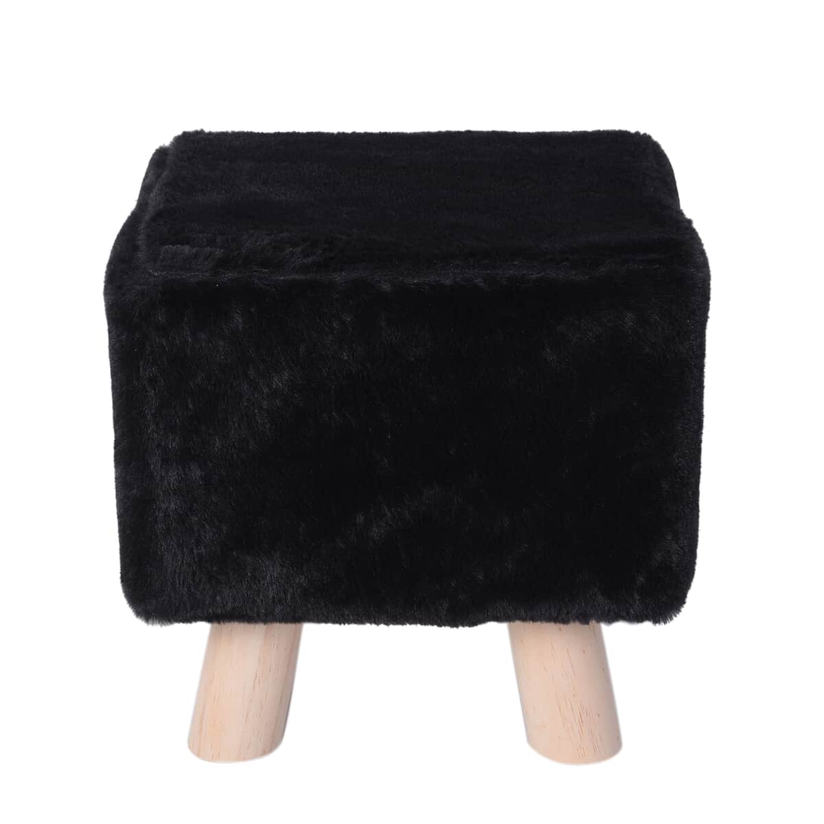 Square Shape Wooden Stool with Black Faux Fur Cover image number 0