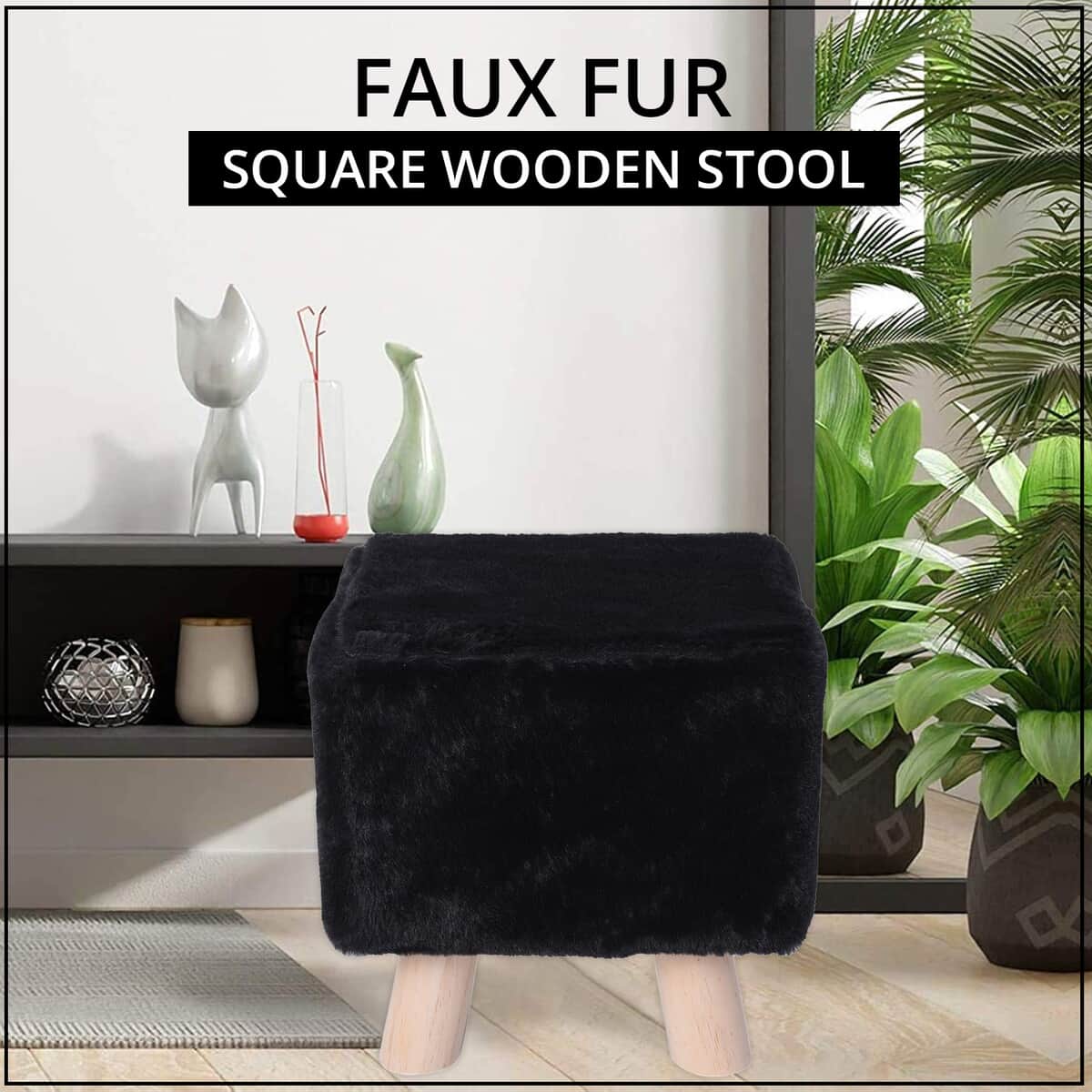 Square Shape Wooden Stool with Black Faux Fur Cover image number 1
