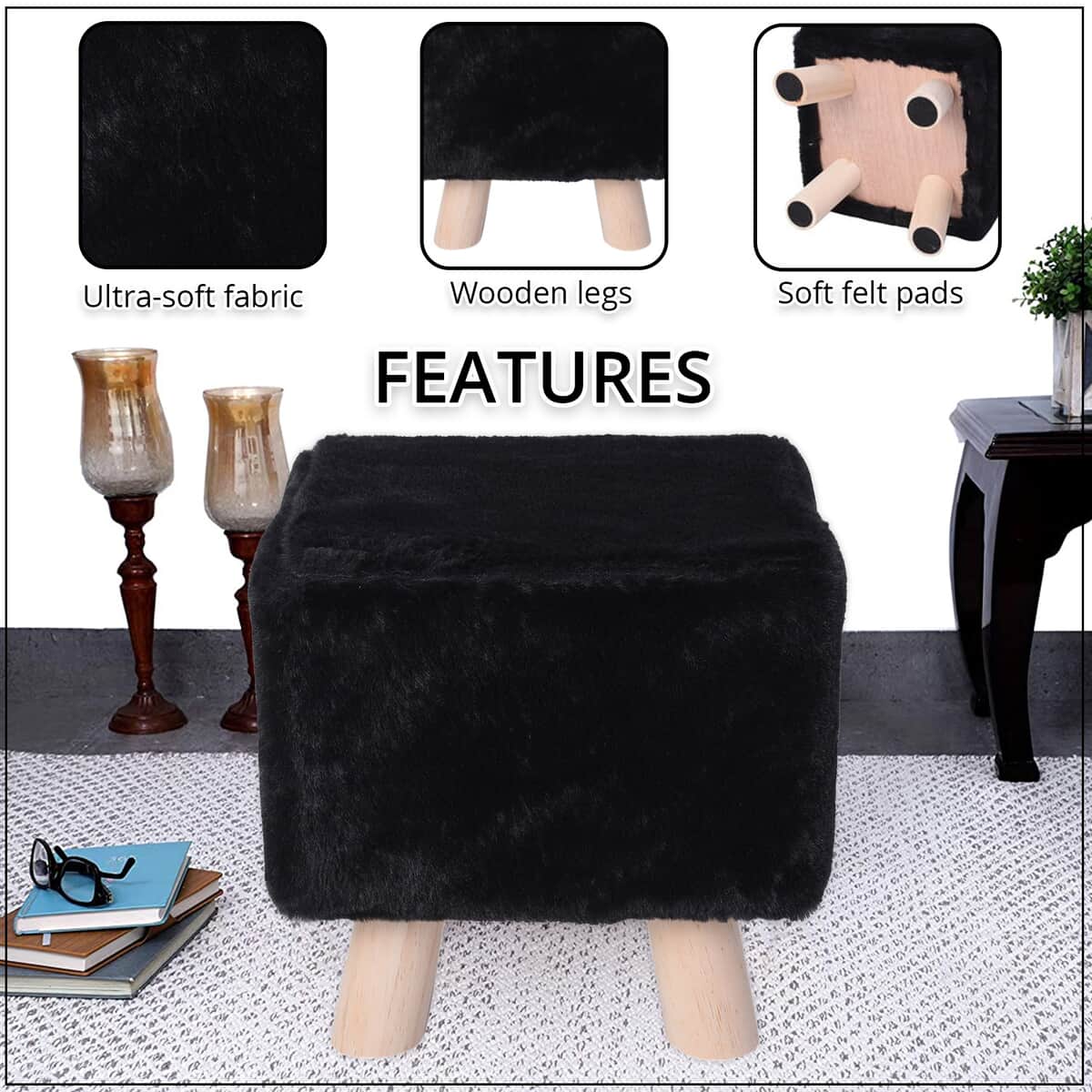 Square Shape Wooden Stool with Black Faux Fur Cover image number 2