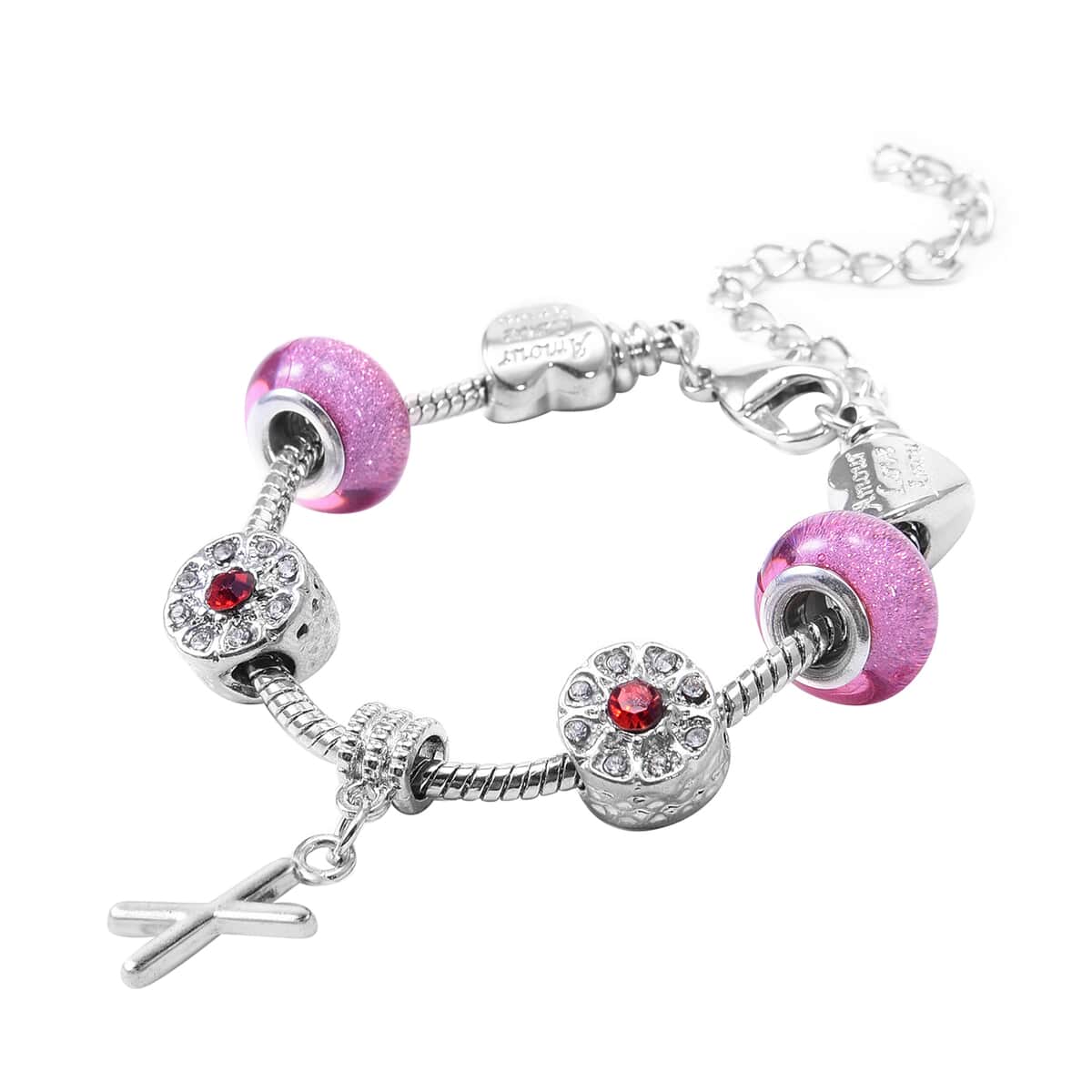 CHARMES D’JOY Red and White Austrian Crystal and Simulated Pink Color Resin Bracelet in Silvertone (6.00-8.50In) image number 3
