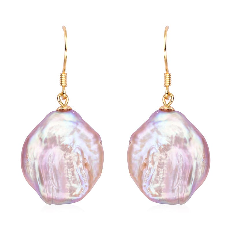Keshi Purple Pearl Dangle Earrings in 14K Yellow Gold Over Sterling Silver
