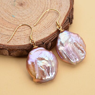 Keshi Purple Pearl Dangle Earrings in 14K Yellow Gold Over Sterling Silver
