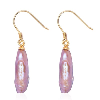 Keshi Purple Pearl Dangle Earrings in 14K Yellow Gold Over Sterling Silver