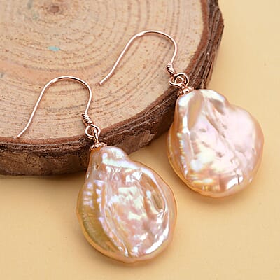 Peach Keshi Pearl Dangle Earrings in 14K Rose Gold Over Sterling Silver