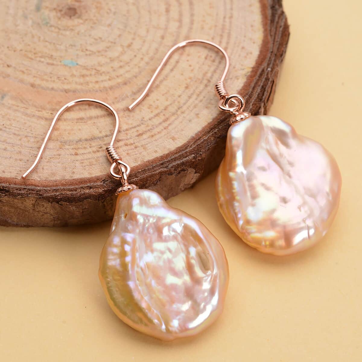 Peach Keshi Pearl Dangle Earrings in 14K Rose Gold Over Sterling Silver image number 1