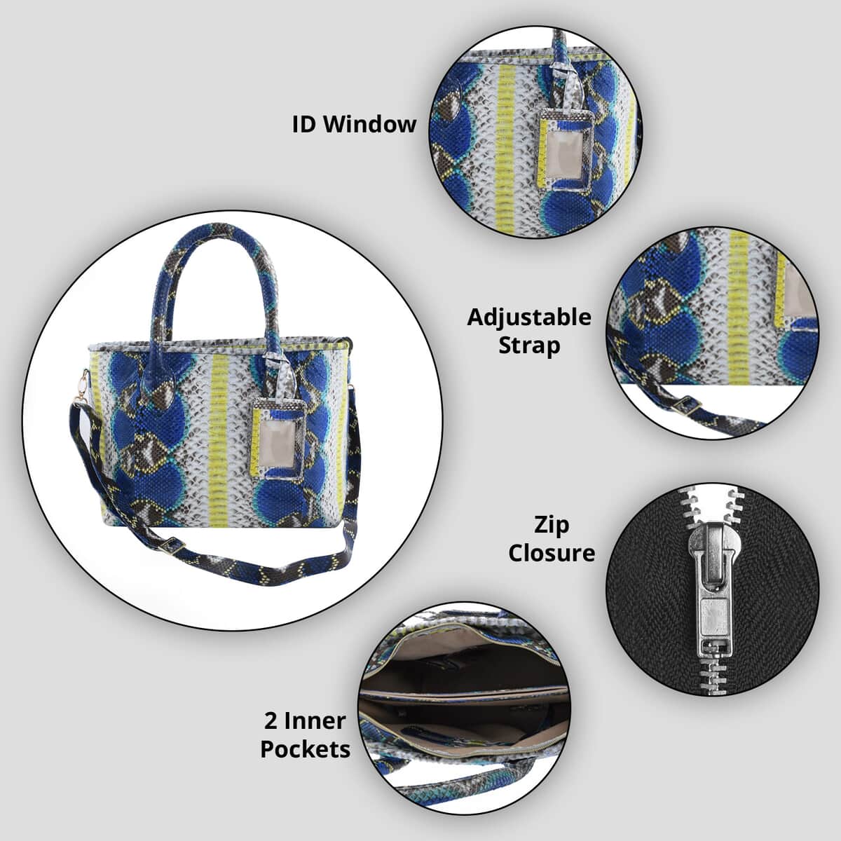 The Grand Pelle Collection Peacock Blue Python Leather Tote Bag for Women with Detachable Strap, Women's Designer Work Tote Bag, Leather Tote Bag Purse, Leather Handbags image number 1
