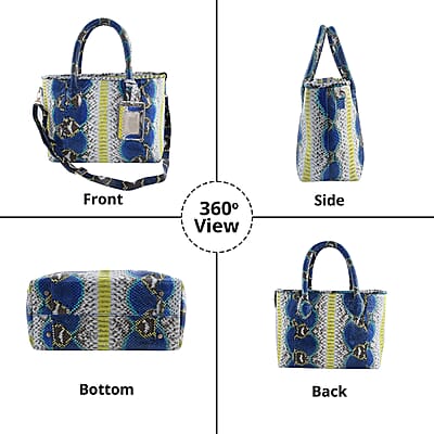 The Grand Pelle Collection Peacock Blue Python Leather Tote Bag for Women with Detachable Strap, Women's Designer Work Tote Bag, Leather Tote Bag Purse, Leather Handbags
