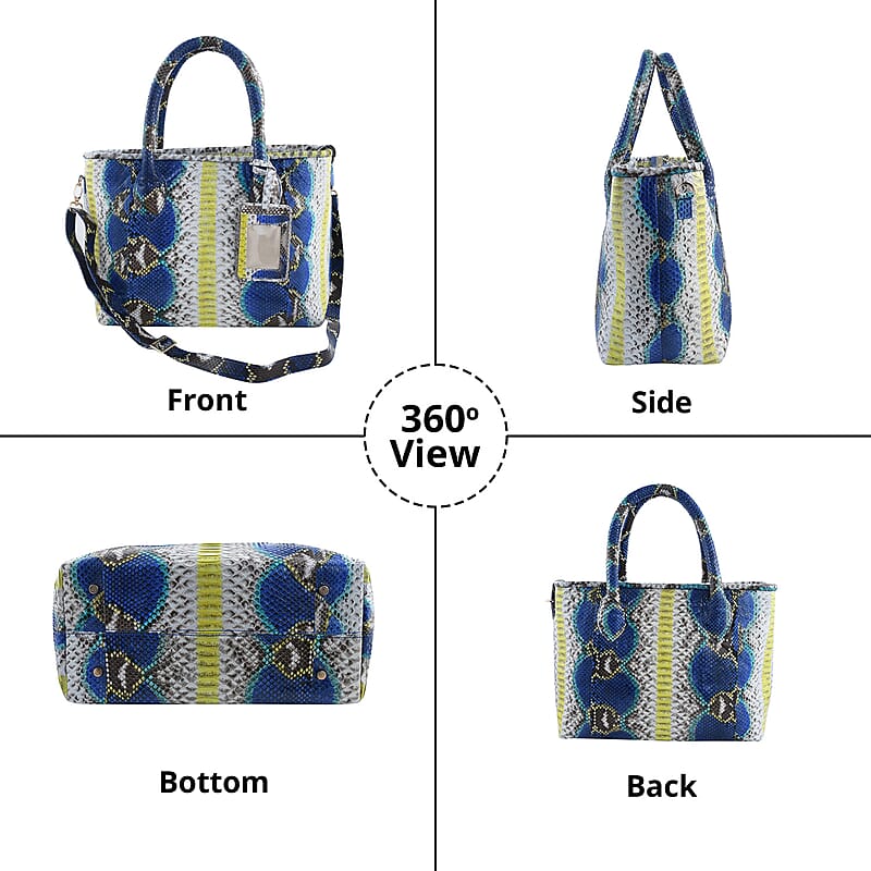 The Grand Pelle Collection Peacock Blue Python Leather Tote Bag for Women with Detachable Strap, Women's Designer Work Tote Bag, Leather Tote Bag Purse, Leather Handbags