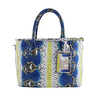 The Grand Pelle Collection Peacock Blue Python Leather Tote Bag for Women with Detachable Strap, Women's Designer Work Tote Bag, Leather Tote Bag Purse, Leather Handbags