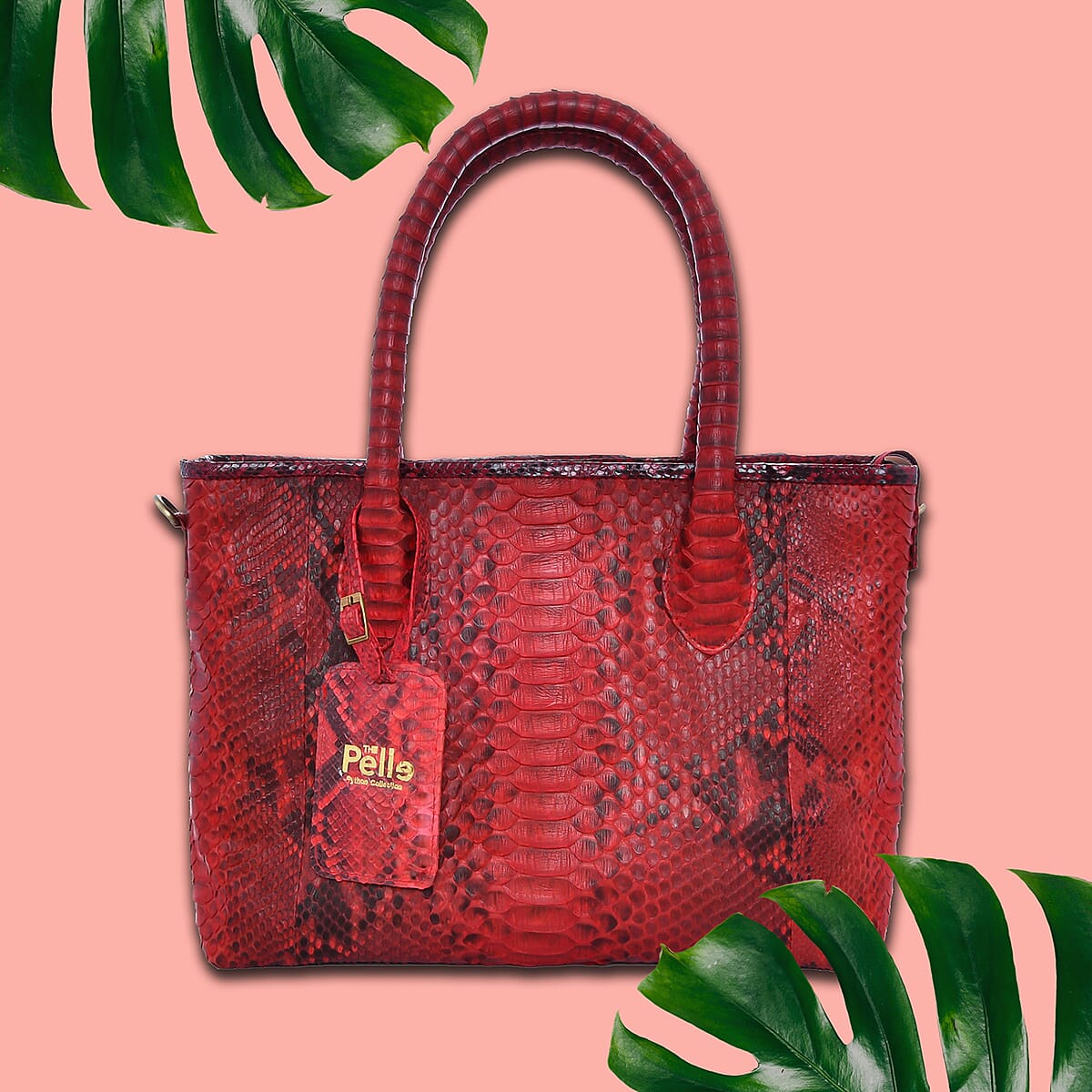 The Pelle Natural Python Collection Red Python Skin Leather Tote Bag with Detchable Strap (15x10.5x7) image number 1