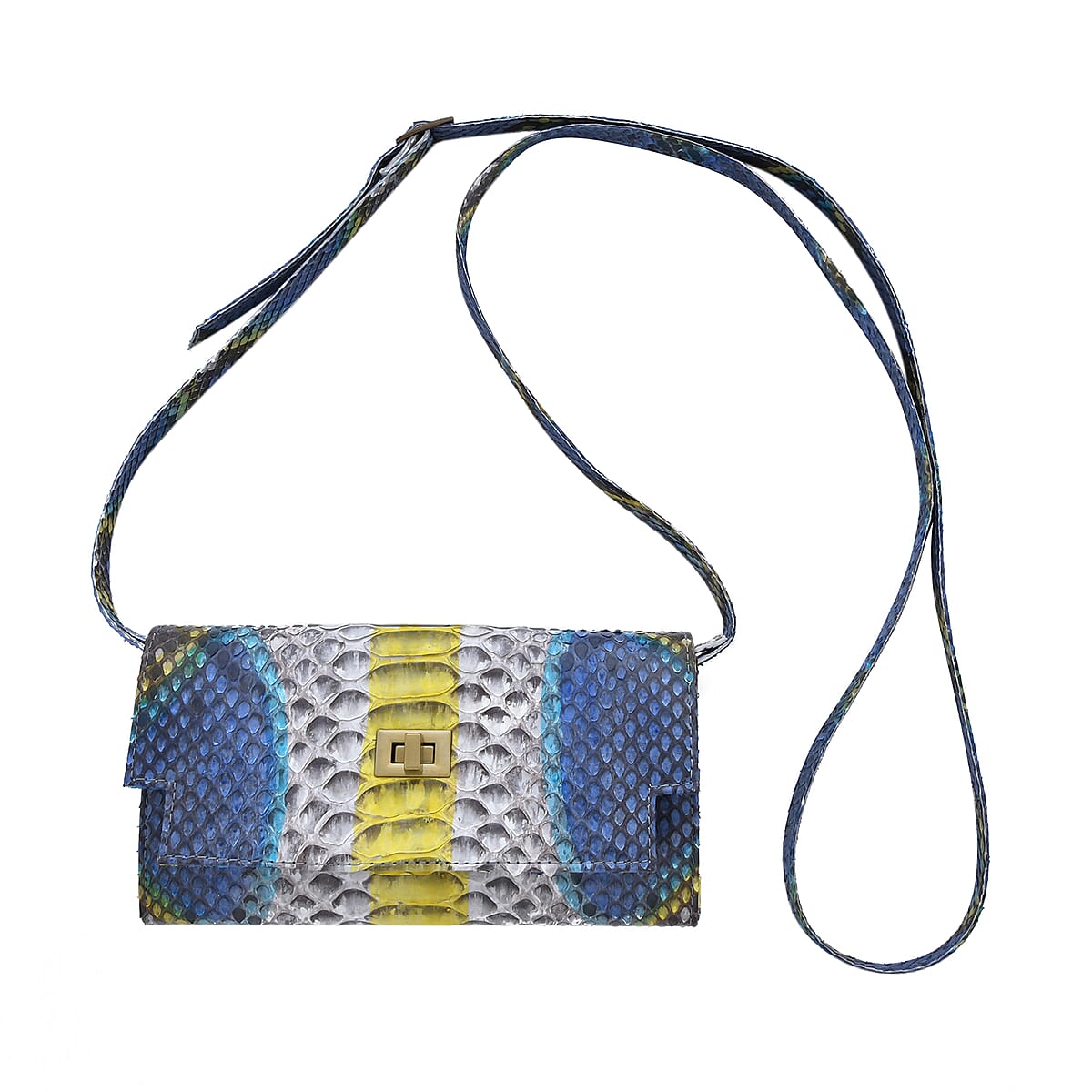 The Pelle Natural Python Collection Peacock Blue Python Leather Bi-Fold Flap Over Crossbody Wallet with Detachable Strap (7.75x4) image number 0