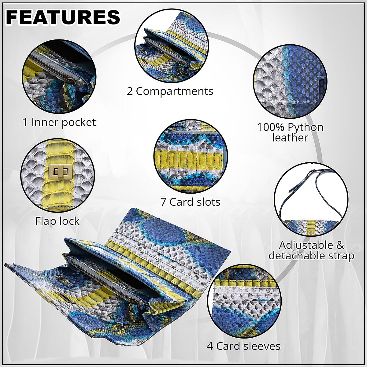 The Pelle Natural Python Collection Peacock Blue Python Leather Bi-Fold Flap Over Crossbody Wallet with Detachable Strap (7.75x4) image number 1