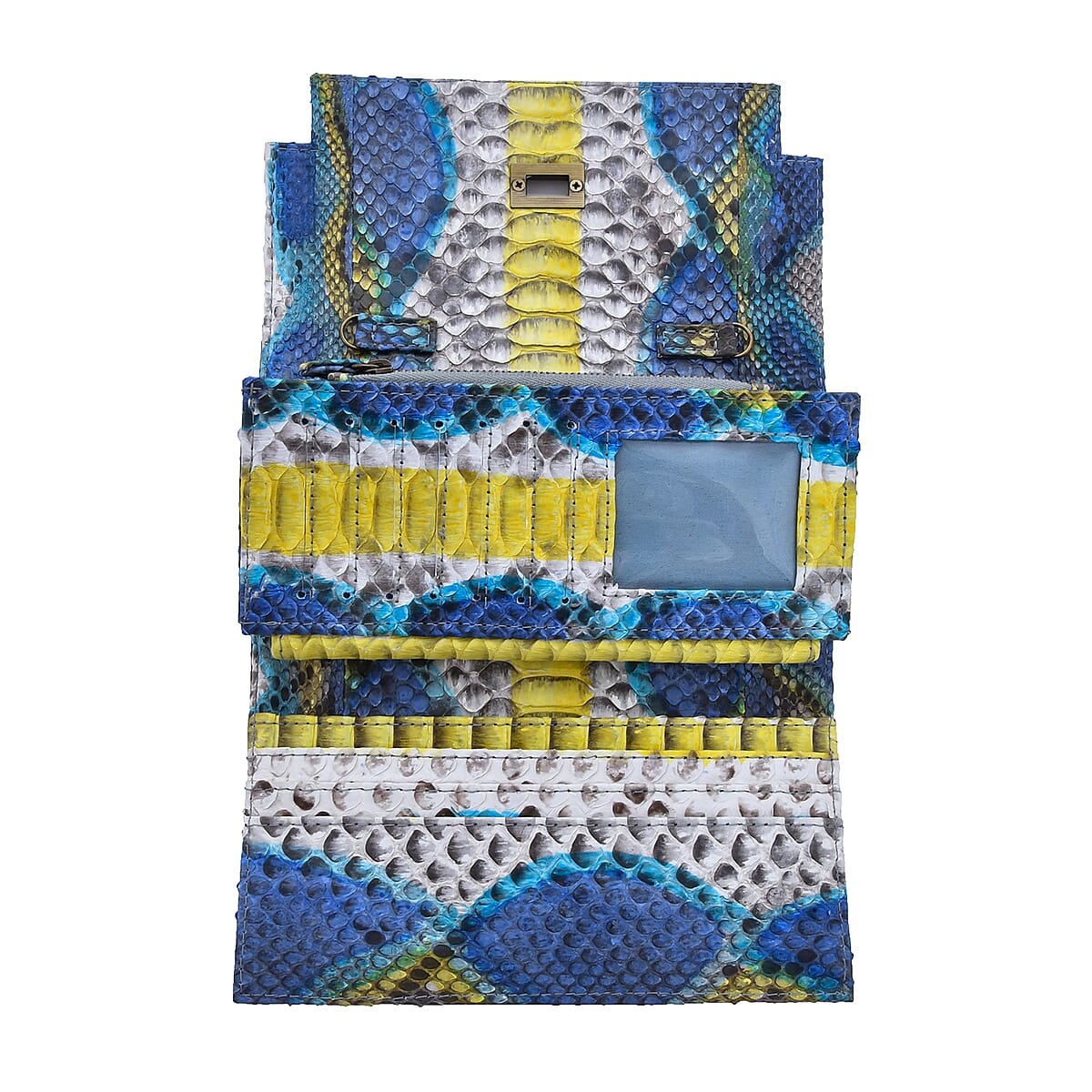 The Pelle Natural Python Collection Peacock Blue Python Leather Bi-Fold Flap Over Crossbody Wallet with Detachable Strap (7.75x4) image number 2
