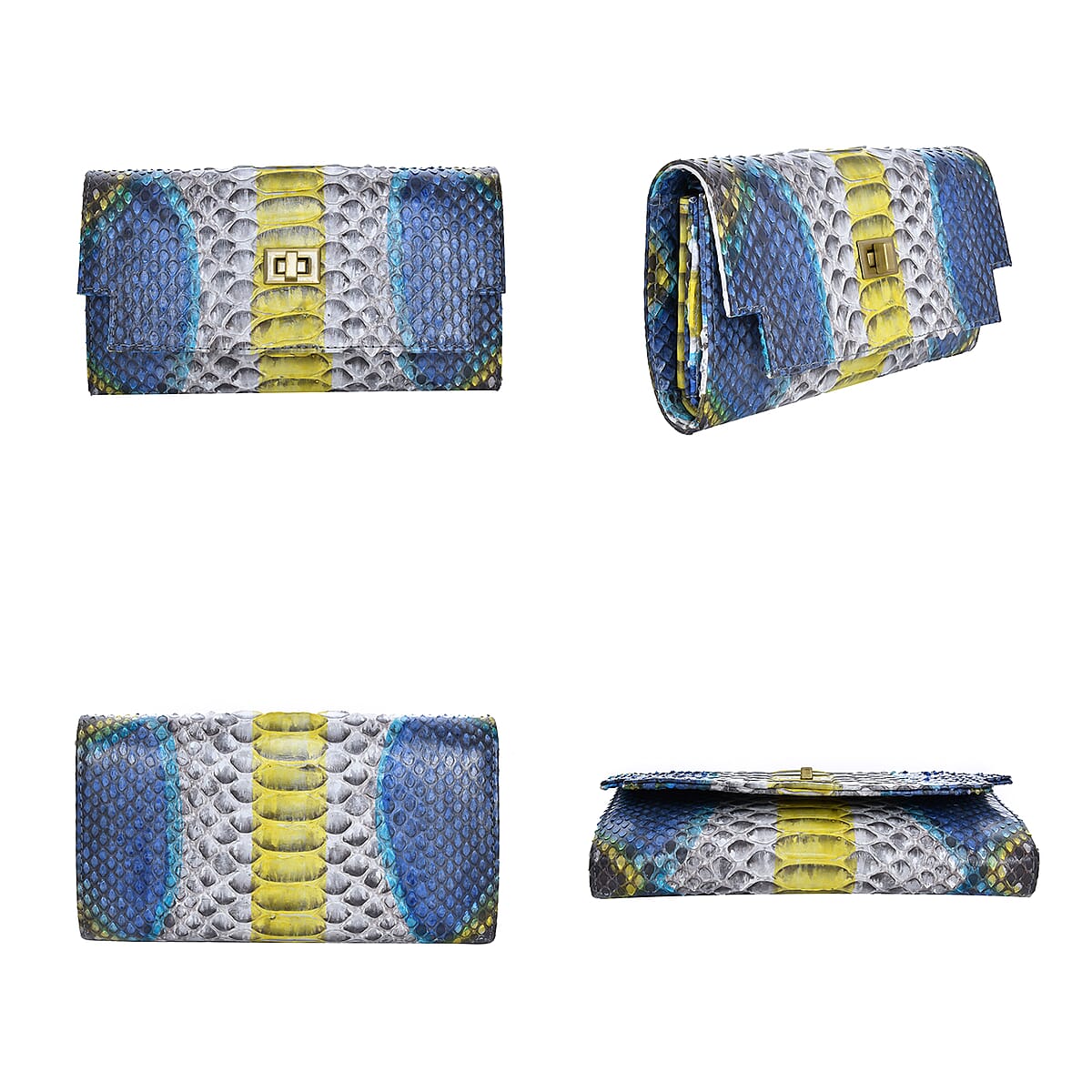 The Pelle Natural Python Collection Peacock Blue Python Leather Bi-Fold Flap Over Crossbody Wallet with Detachable Strap (7.75x4) image number 3