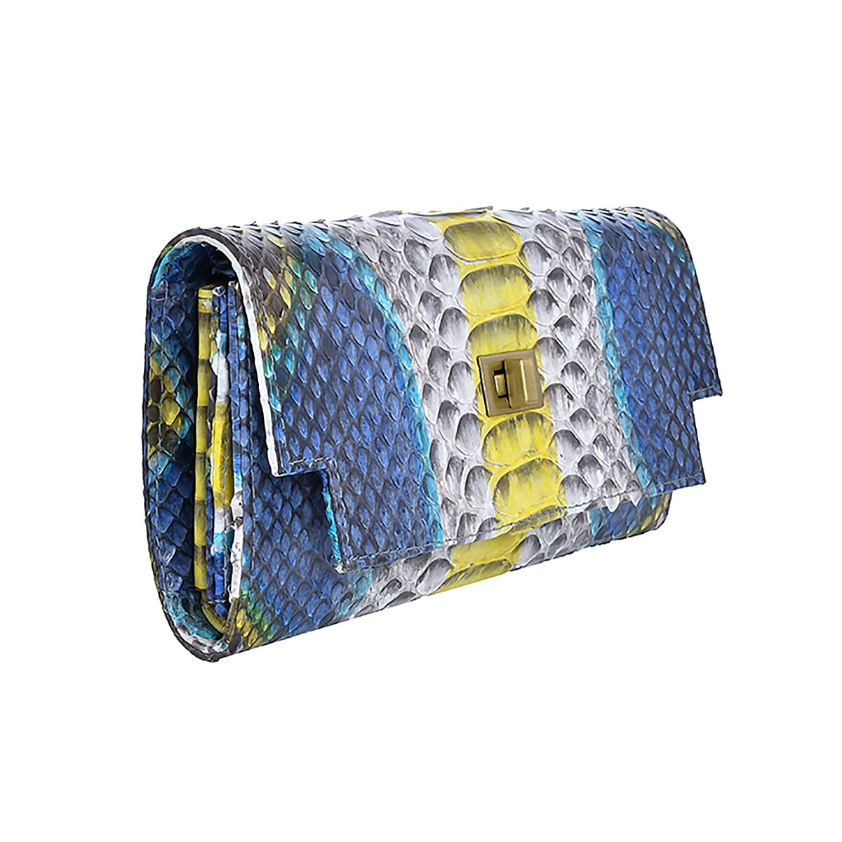 The Pelle Natural Python Collection Peacock Blue Python Leather Bi-Fold Flap Over Crossbody Wallet with Detachable Strap (7.75x4) image number 4