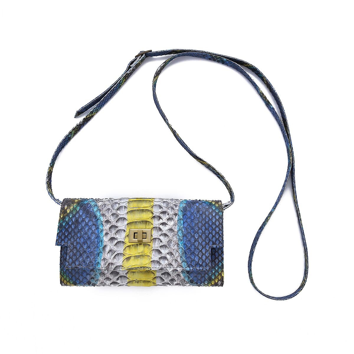 The Pelle Natural Python Collection Peacock Blue Python Leather Bi-Fold Flap Over Crossbody Wallet with Detachable Strap (7.75x4) image number 6