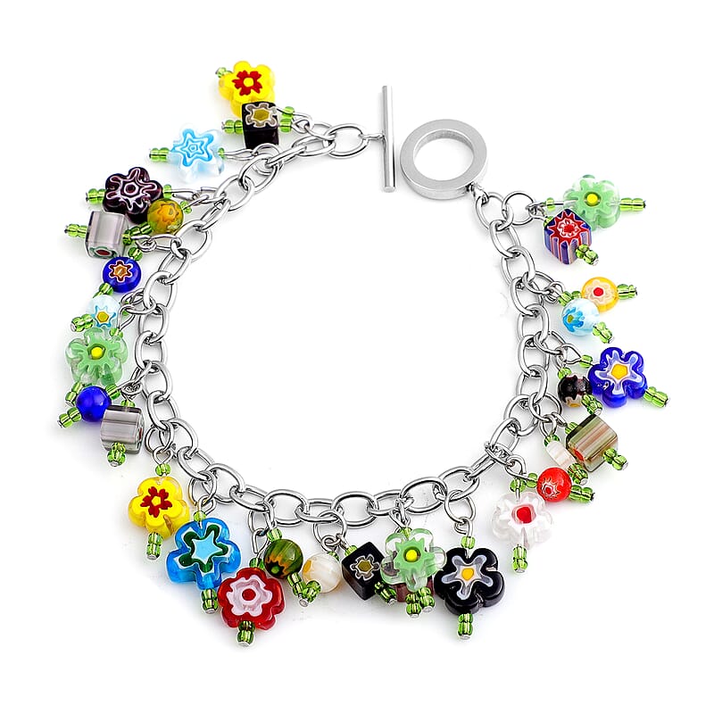 Green Glass and Multi Color Murano Style Bracelet in Stainless Steel, Colorful Sweatproof Hypoallergenic Bracelet, Gift For Her (7.50 In)