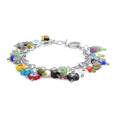 Green Glass and Multi Color Murano Style Bracelet in Stainless Steel, Colorful Sweatproof Hypoallergenic Bracelet, Gift For Her (7.50 In)