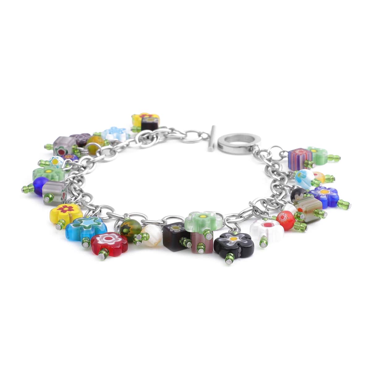 Green Glass and Multi Color Murano Style Bracelet in Stainless Steel (7.50 In) image number 1