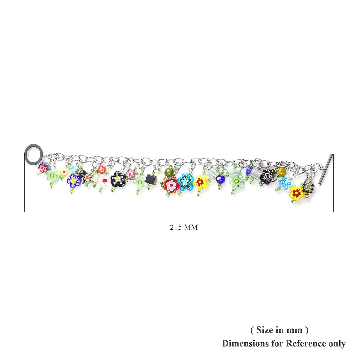 Green Glass and Multi Color Murano Style Bracelet in Stainless Steel, Colorful Sweatproof Hypoallergenic Bracelet, Gift For Her (7.50 In)