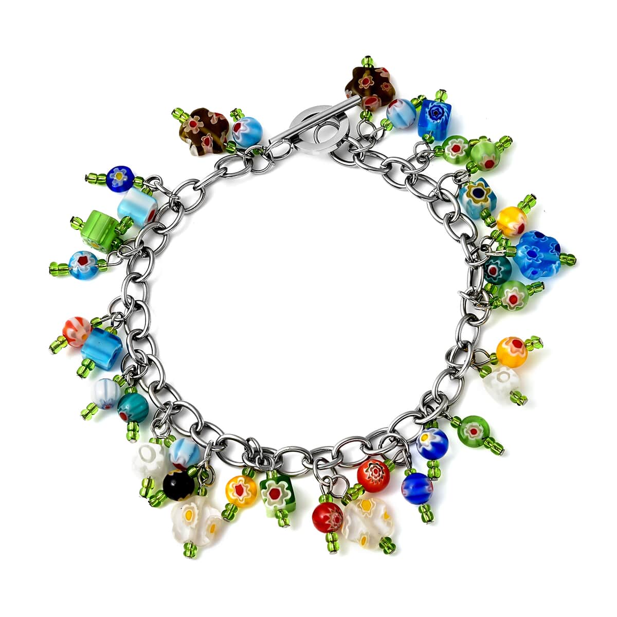 Multi Color Murano Style and Green Glass Charms Bracelet in Stainless Steel, Colorful Sweatproof Hypoallergenic Bracelet, Gift For Her (8.00 In) image number 0