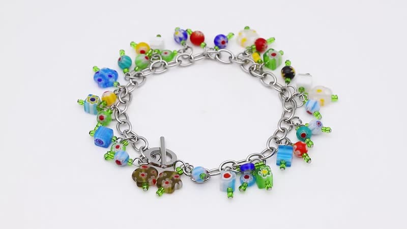 Multi Color Murano Style, Green Glass Charms Bracelet in Stainless Steel (7.50 In)